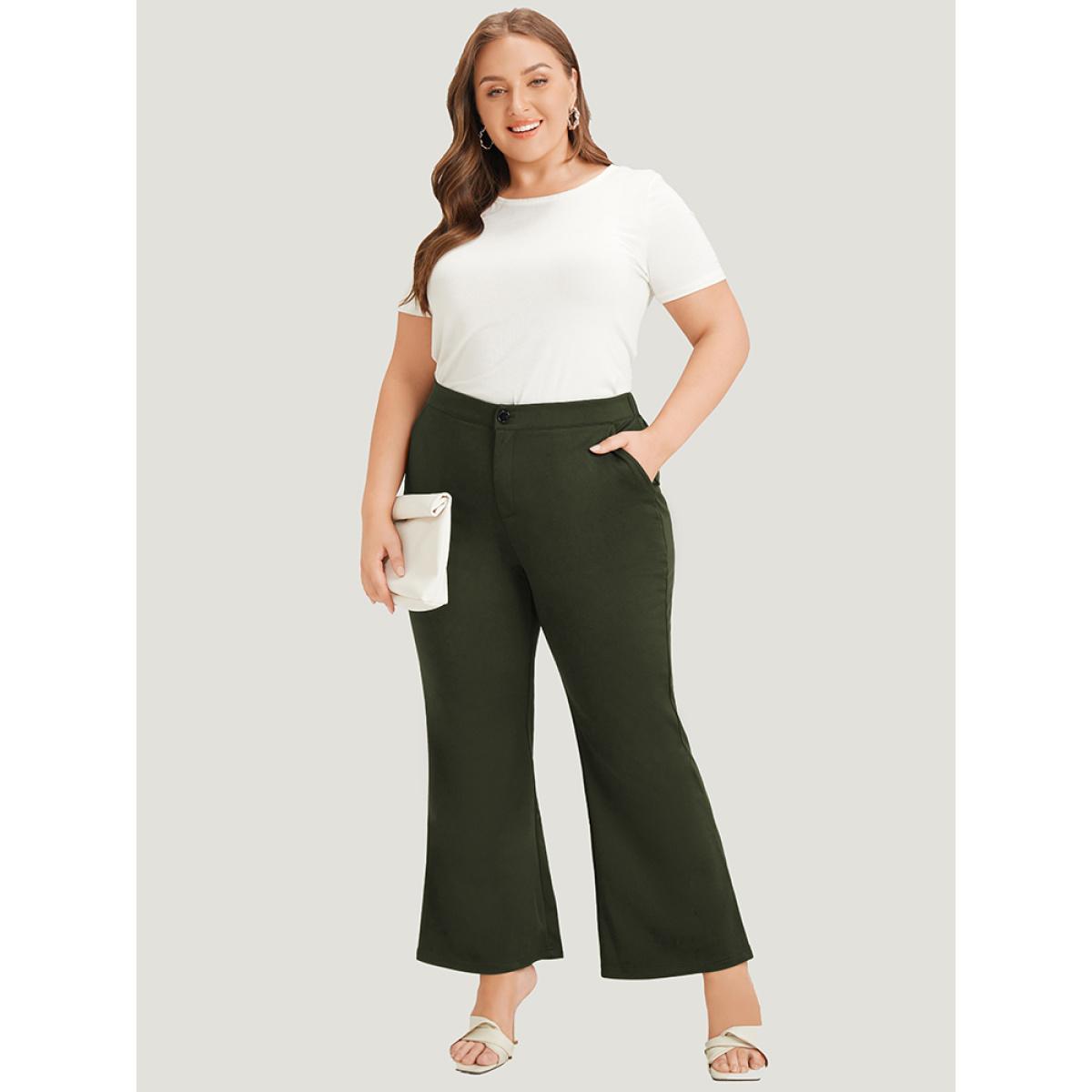 Plus Size Solid Flare Leg Pocket Pants Women ArmyGreen Office Flare Leg High Rise Work Pants BloomChic 12/L Product Image