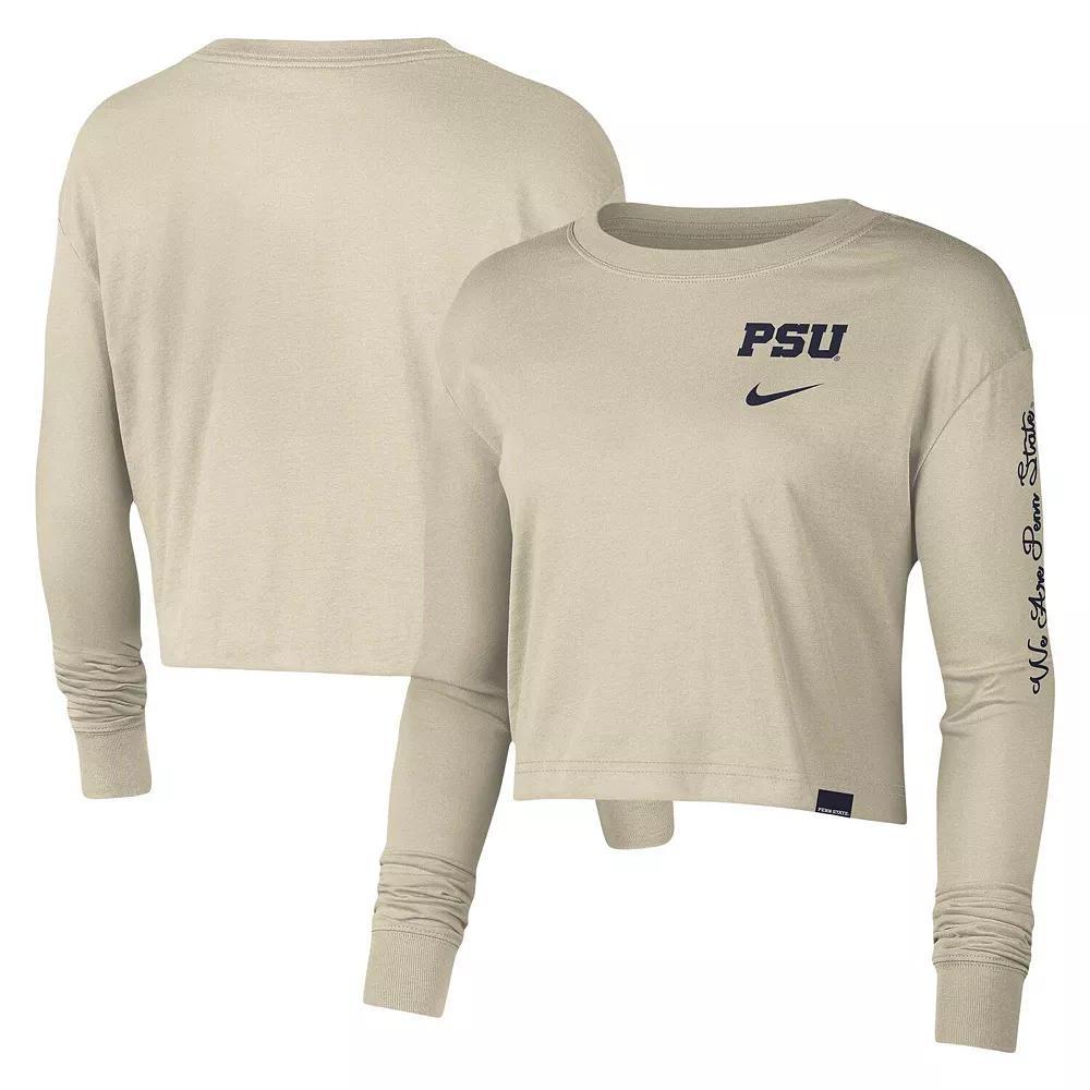 Women's Nike Cream Penn State Nittany Lions Varsity Letter Long Sleeve Crop Top, Size: 2XL, Beige Product Image