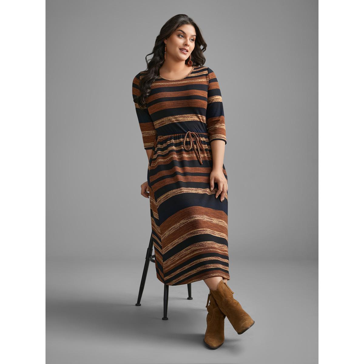 Plus Size Striped Elastic Waist Tie Knot Dress Yellowishbrown Women Resort Tie knot Round Neck Elbow-length sleeve Curvy BloomChic 22-24/3X Product Image
