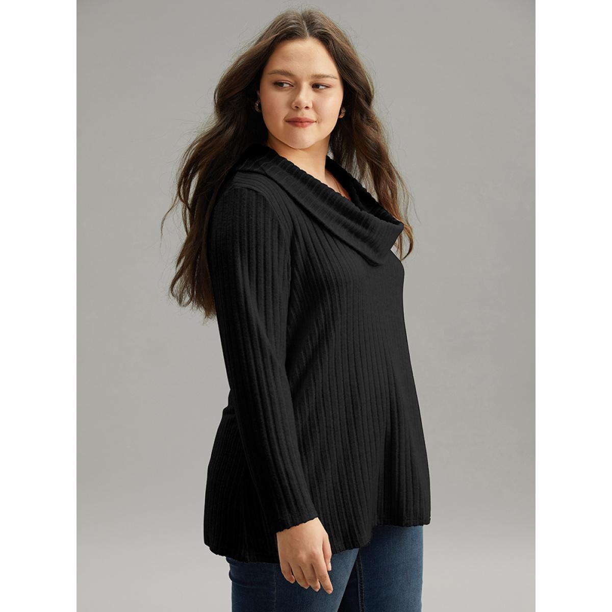 Plus Size Plain Rib Knit Cowl Neck T-shirt Black Women Elegant Texture Plain Ruffled collar Dailywear T-shirts BloomChic 22-24/3X Product Image