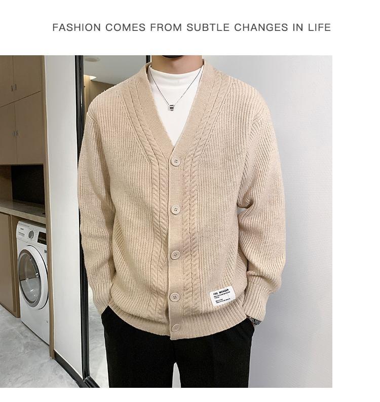 V-Neck Plain Cable Knit Cardigan Product Image