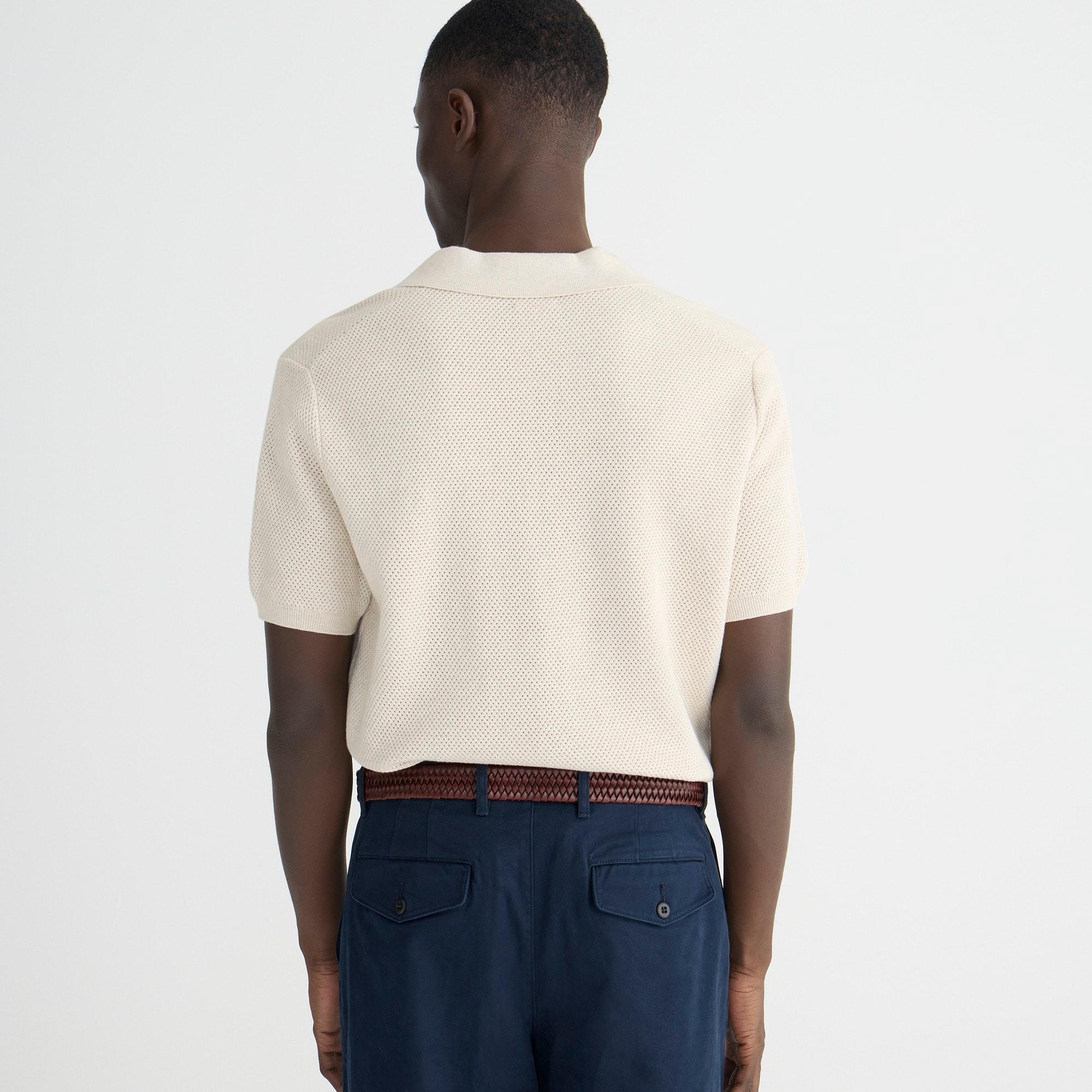 Short-sleeve cotton mesh-stitch johnny-collar sweater-polo Product Image