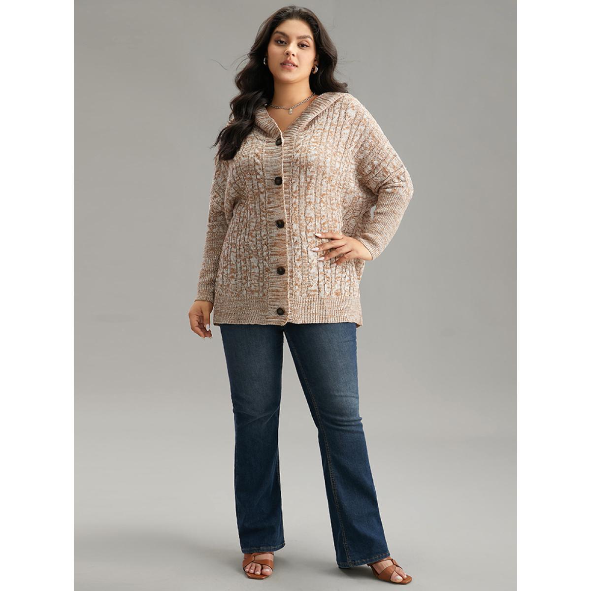 Plus Size Cable Knit Hooded Button Through Cardigan Bronze Women Casual Loose Long Sleeve Dailywear Cardigans BloomChic 28/5X Product Image
