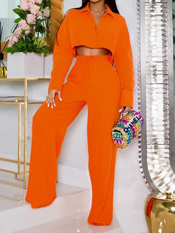 Solid Color Long Sleeves Blouse + Drawstring Elasticity High-Waisted Wide-Leg Pants Trousers Two Pieces Set Product Image