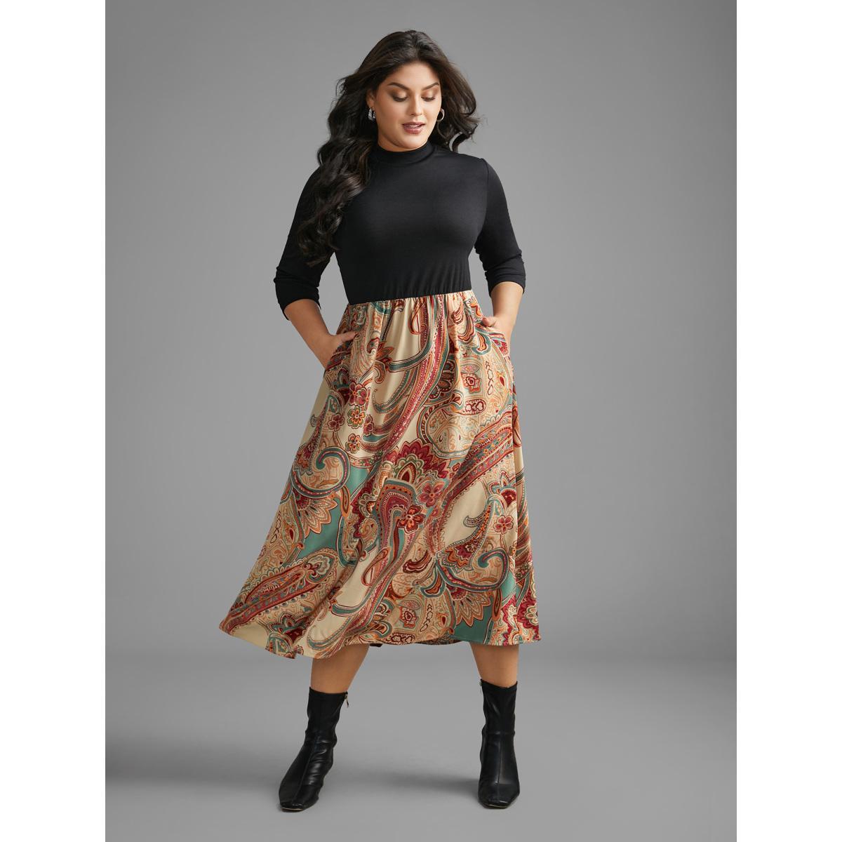 Plus Size Bandana Print Patchwork Elastic Waist Dress Black Women Resort Patchwork Mock Neck Elbow-length sleeve Curvy BloomChic 14-16/1X Product Image