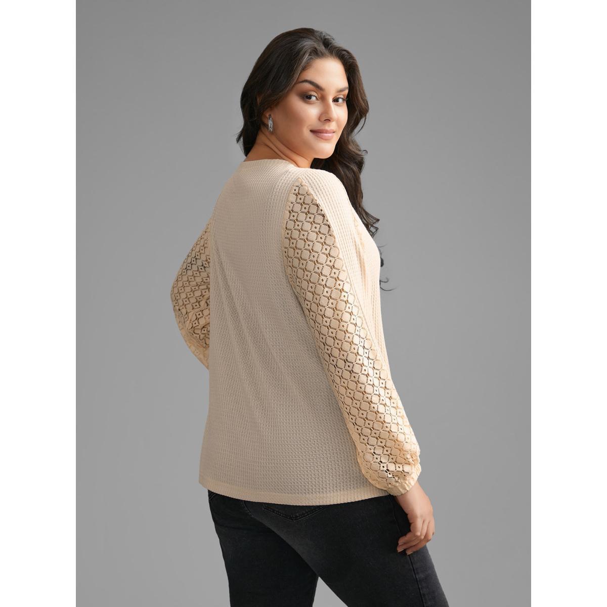 Plus Size Textured Patchwork Lace Panel T-shirt Champagne Women Casual Texture Non Everyday T-shirts BloomChic 30/6X Product Image