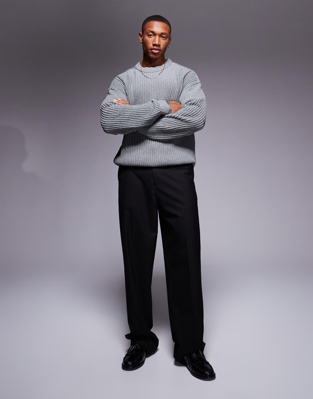 ASOS DESIGN relaxed chenille crew neck rib knit sweater in gray Product Image