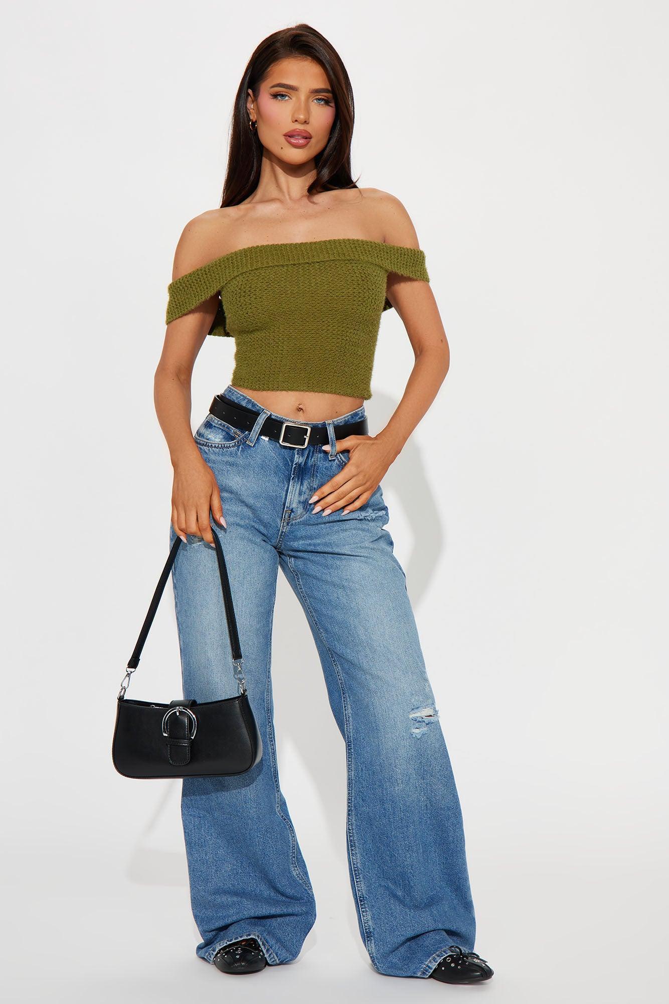 In Too Deep Off Shoulder Sweater Top - Olive Product Image