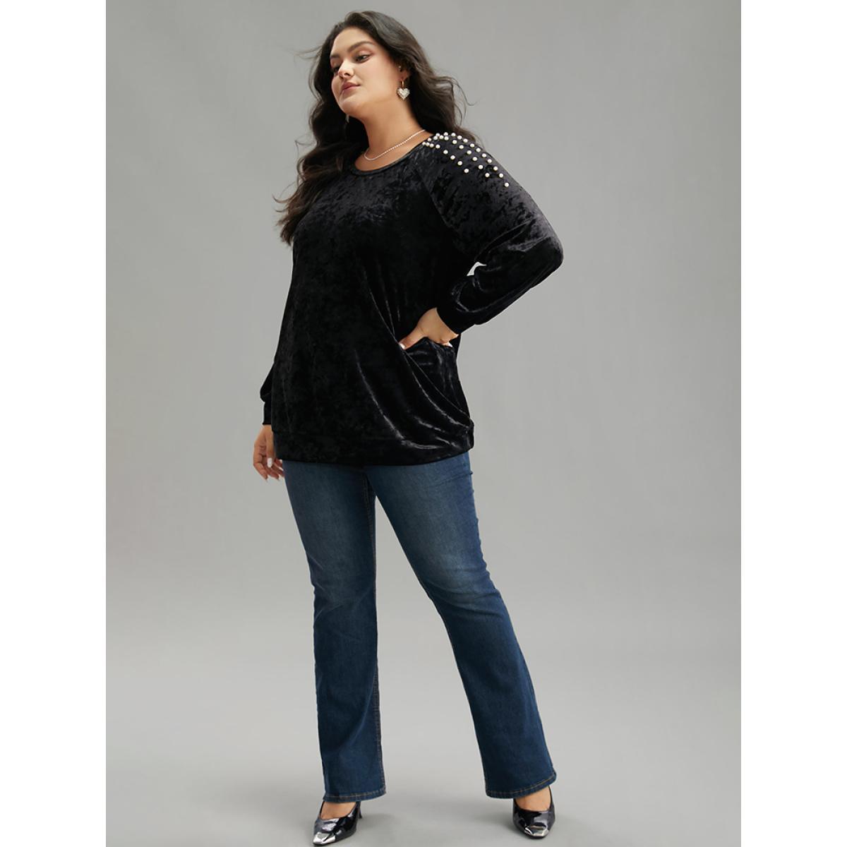 Plus Size Solid Velvet Pearl Beaded Raglan Sleeve Sweatshirt Women Black Elegant Elastic cuffs Round Neck Dailywear Sweatshirts BloomChic 14-16/1X Product Image