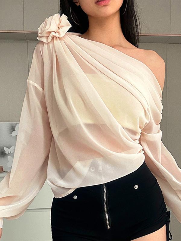 One Shoulder Flower Decoration Long Sleeves Shirts Product Image