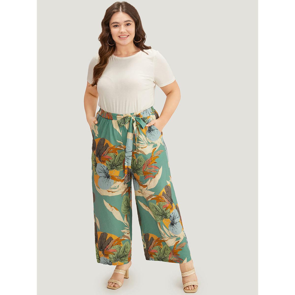 Plus Size Plants Print Elastic Waist Ties Pants Women Mint Vacation Straight Leg High Rise Dailywear Pants BloomChic 12/L Product Image