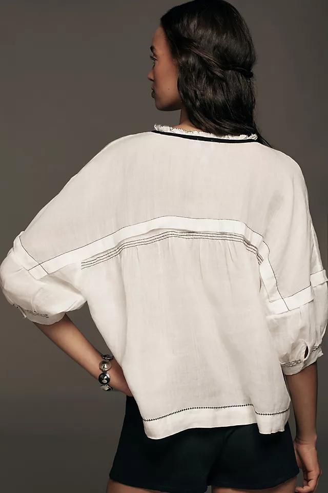Maeve Balloon-Sleeve V-Neck Stitched Blouse Product Image