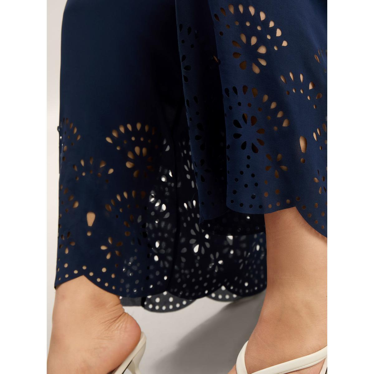 Plus Size Navy Laser-Cut Hem Shirred Wide-Leg Jumpsuit Women Short sleeve Overlap Collar Everyday-Elegant Loose Jumpsuits BloomChic 14-16/1X Product Image