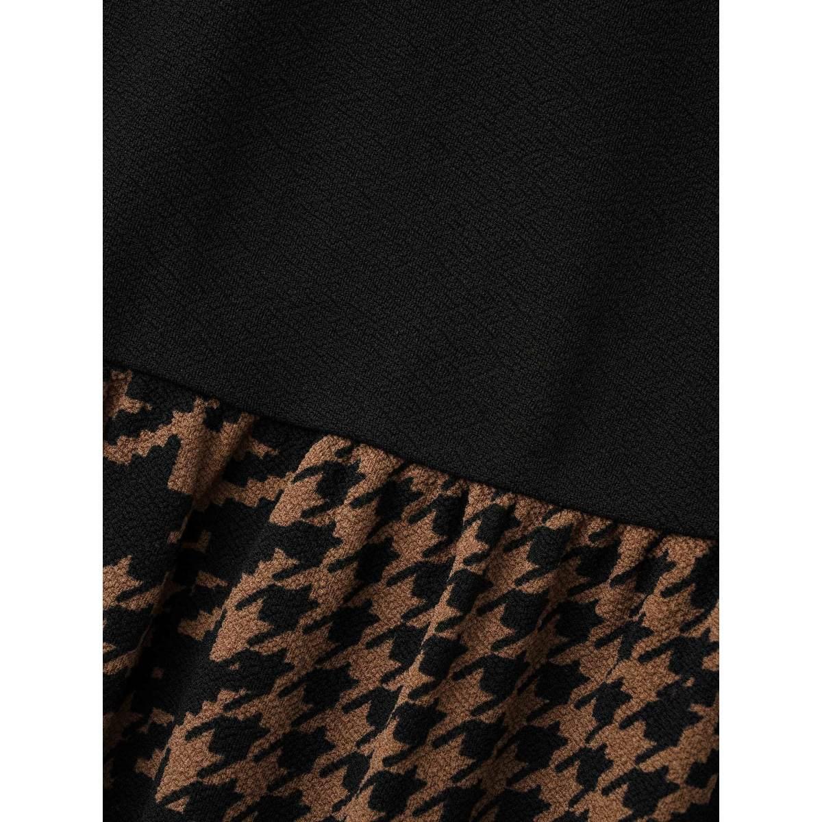 Plus Size Houndstooth Patchwork Cut Out Midi Dress Browncoffeecolor Women At the Office Patchwork Round Neck Long Sleeve Curvy BloomChic 22-24/3X Product Image