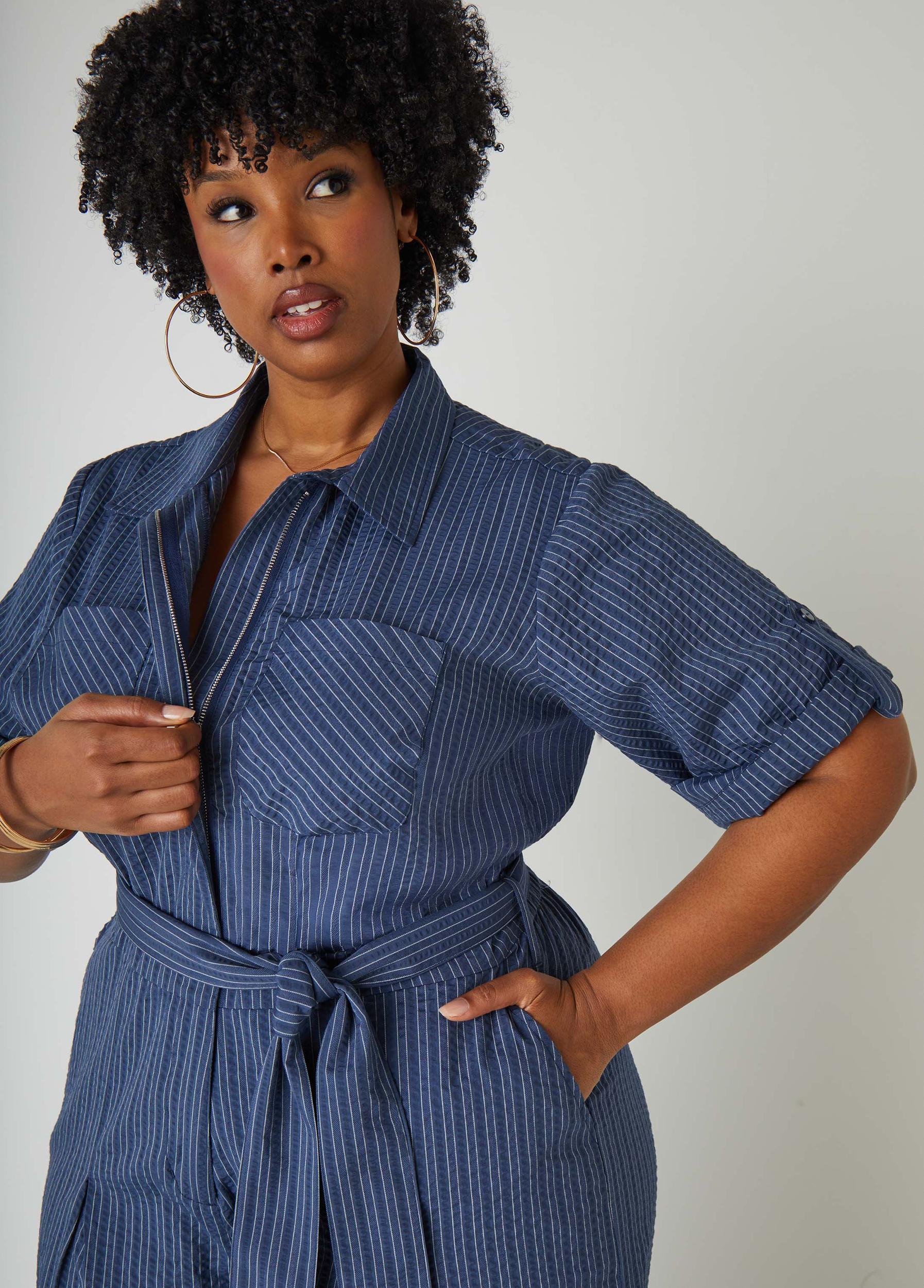Striped Chambray Wide Leg Jumpsuit Product Image