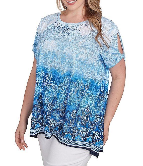 Ruby Rd. Plus Size Jersey Ombre Print Embellished Scoop Neck Short Cut-Out Sleeve Top Product Image
