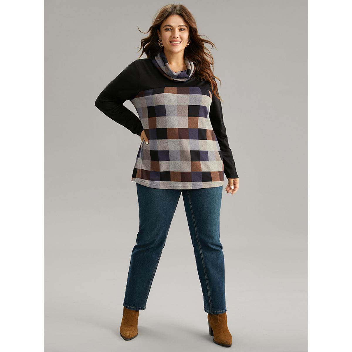Plus Size Plaid Patchwork Contrast Cowl Neck T-shirt Black Women Casual Contrast Plaid Cowl Neck Dailywear T-shirts BloomChic 22-24/3X Product Image