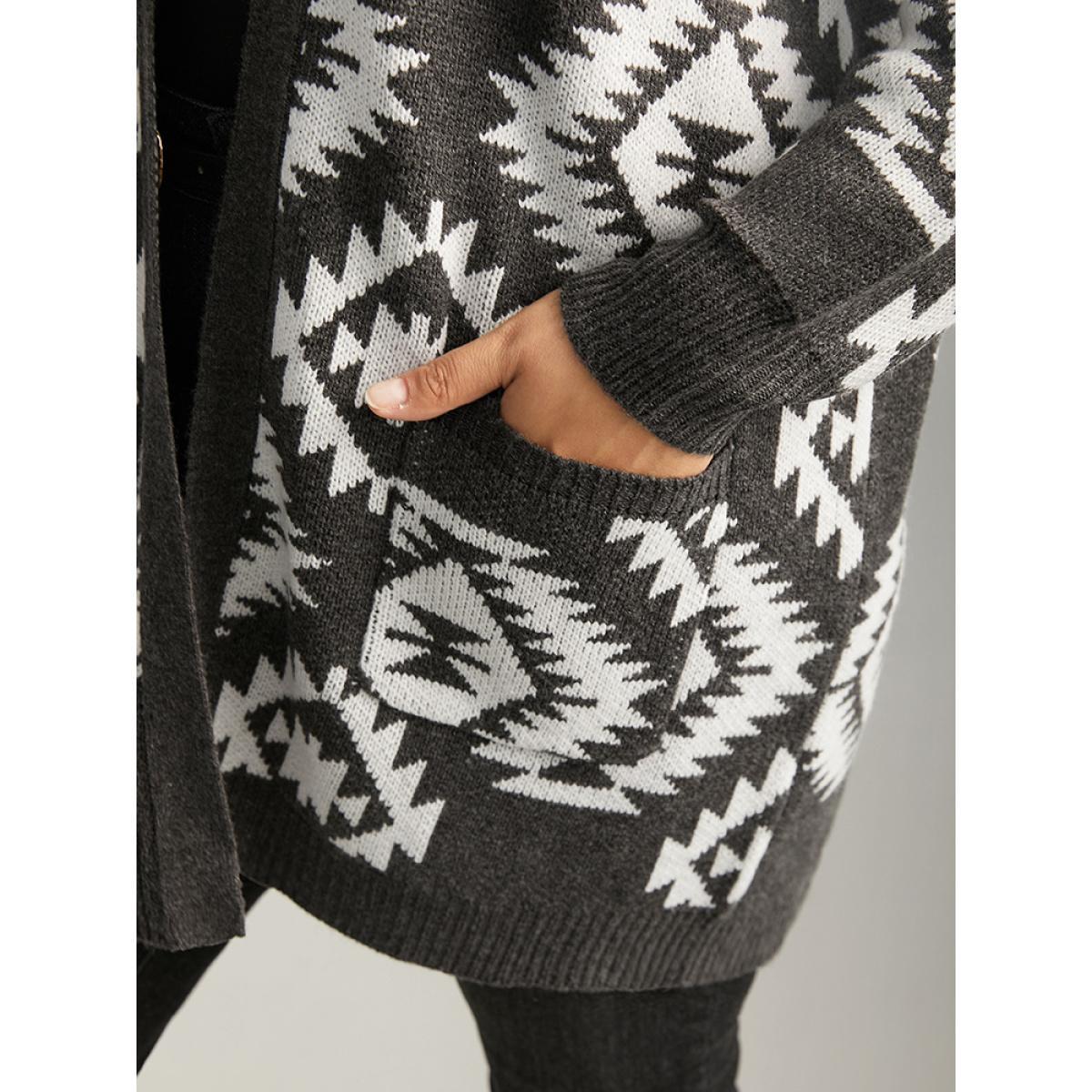 Plus Size Bandana Print Elastic Cuffs Patched Pocket Cardigan DimGray Women Casual Loose Long Sleeve Dailywear Cardigans BloomChic 26/4X Product Image
