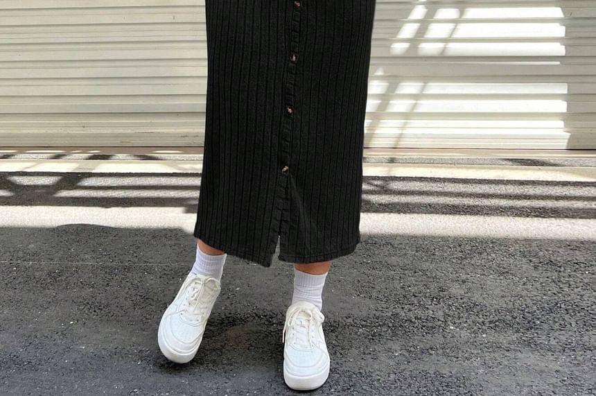 Plus Size Long-Sleeve V-Neck Plain Button Midi Sheath Knit Dress Product Image