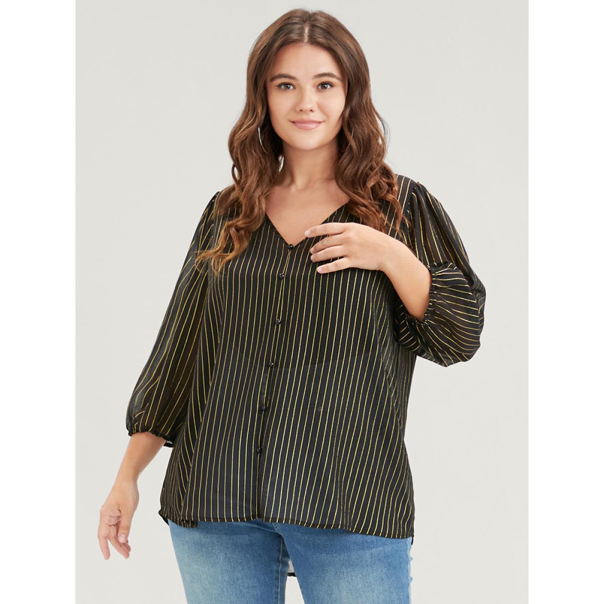 Plus Size Black Striped Mesh Lantern Sleeve V Neck Blouse Women Elegant Elbow-length sleeve V-neck Dailywear Blouses BloomChic 12/L Product Image