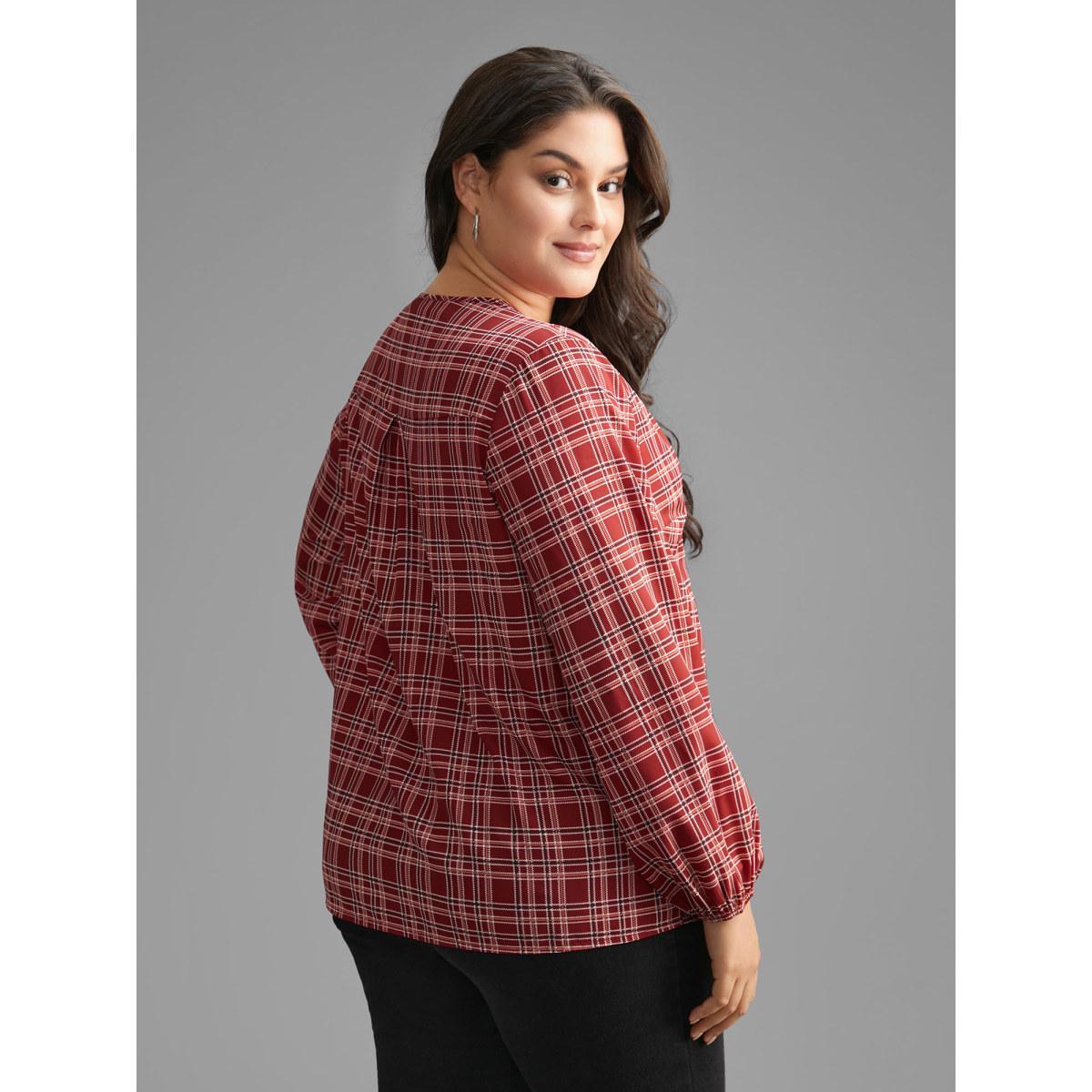 Plus Size Scarlet Plaid Zipper Front Lantern Sleeve Blouse Women Elegant Long Sleeve V-neck Everyday Blouses BloomChic 28/5X Product Image