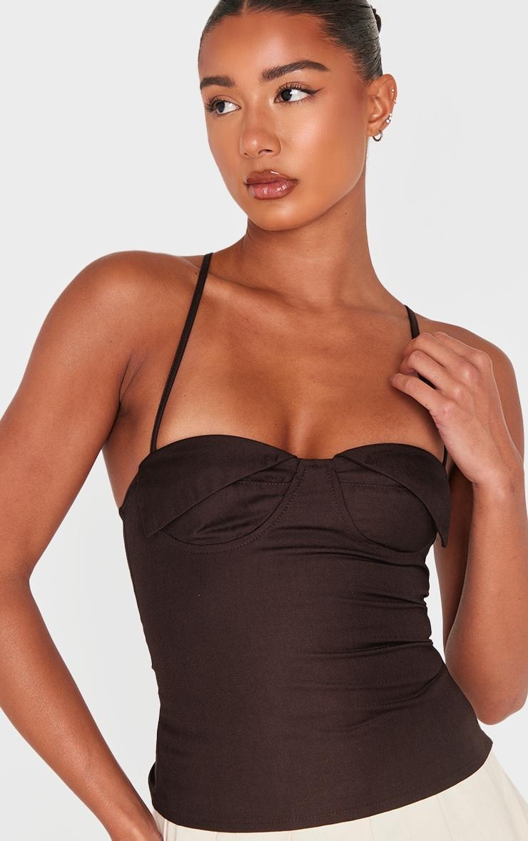 Chocolate Woven Bust Detail Cross Strap Long Top Product Image