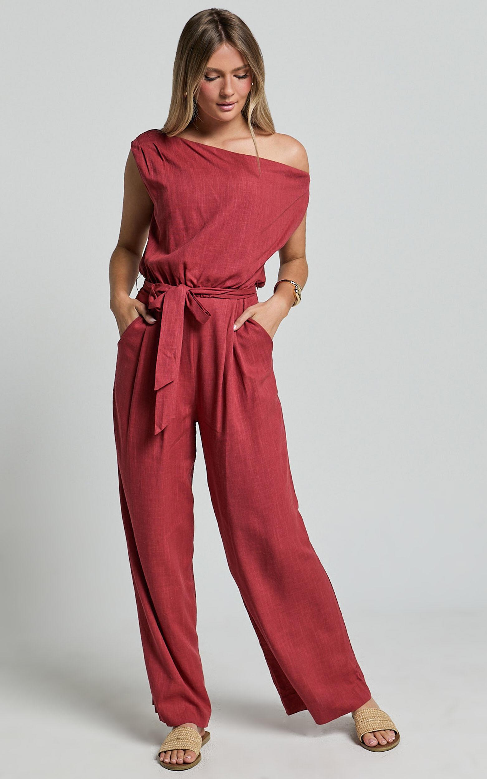 Adria Jumpsuit - Asymmetrical Short Sleeve Linen Jumpsuit in Clay Product Image