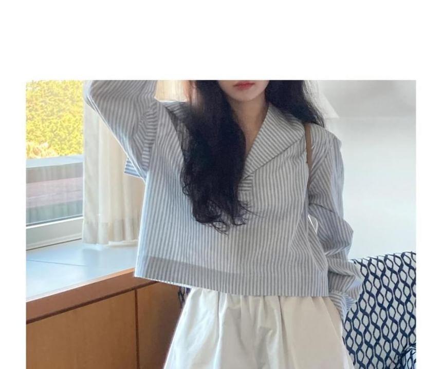 Puff-Sleeve V-Neck Striped Shirt Product Image