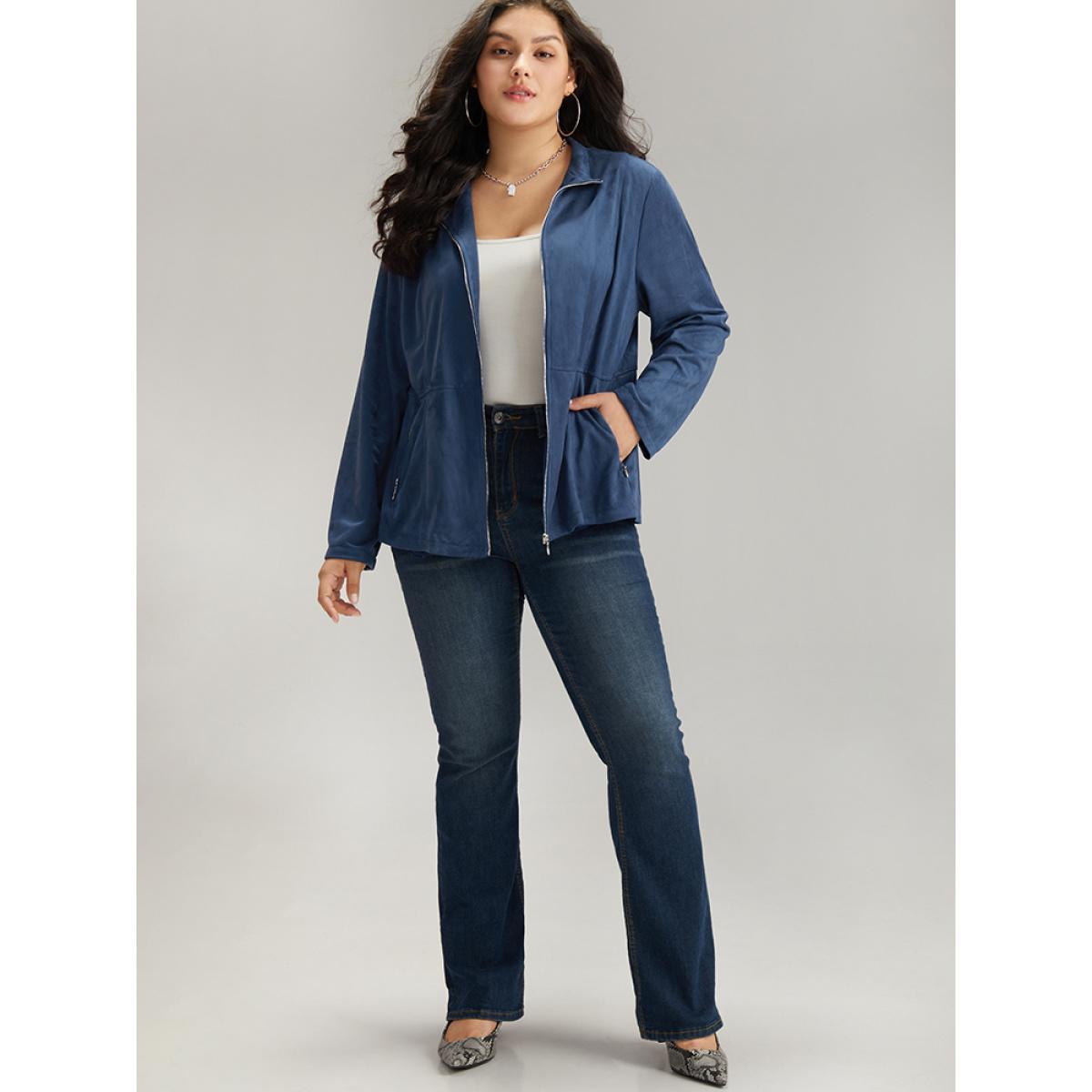 Plus Size Solid Pocket Zipper Jacket Women Indigo Plain Pocket Dailywear Jackets BloomChic 10/M Product Image