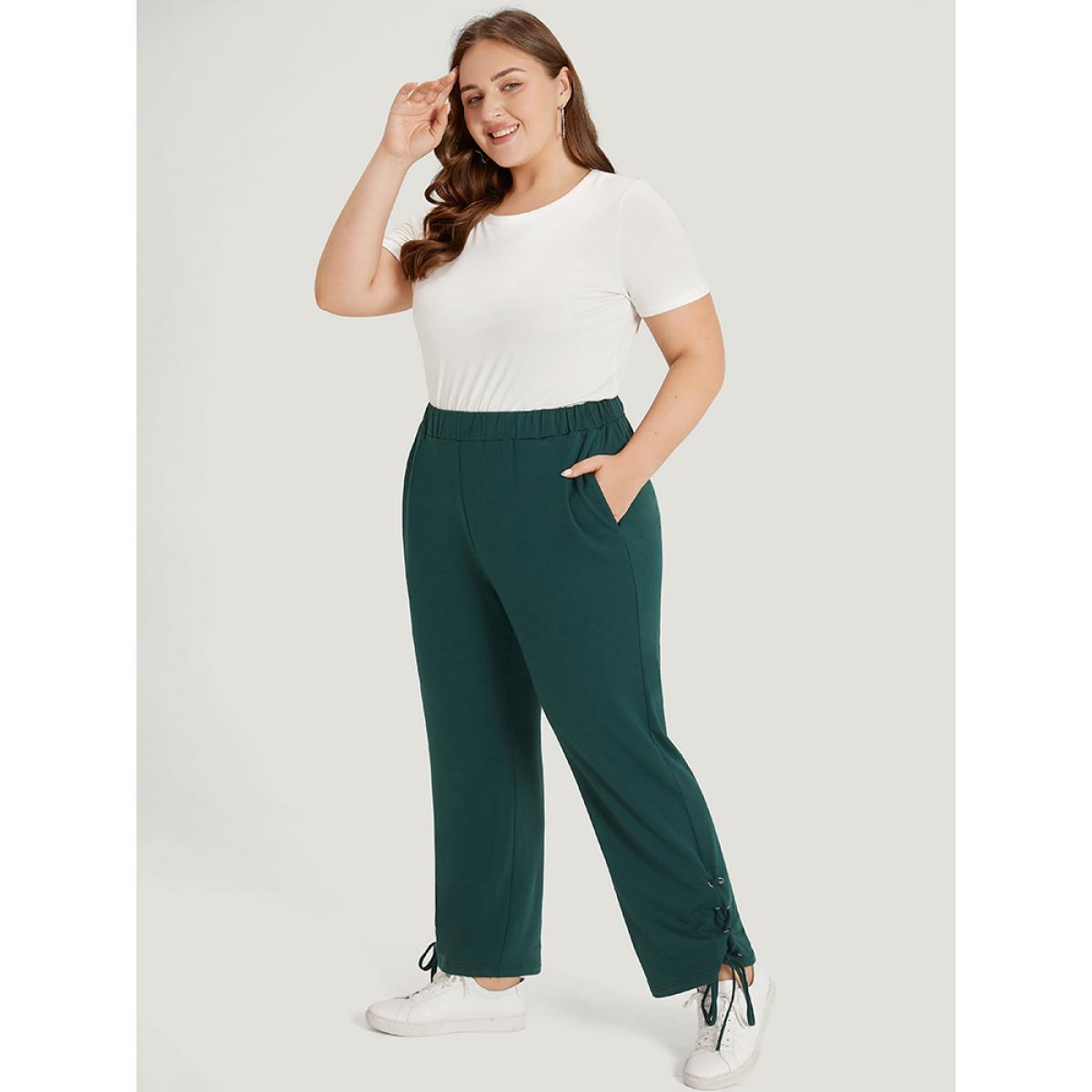 Plain Pocket Elastic Waist Lace Up Side Sweatpants Emerald Plus Size Women Casual Dailywear Plain 14-16/1X Bloomchic Product Image