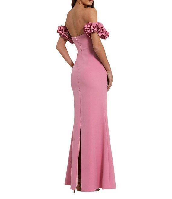 Mac Duggal Crepe Off-The-Shoulder Neck Draped Sleeve 3D Flower Gown Product Image