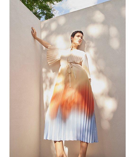 MISOOK Crepe De Chine Ombre Pleated Keyhole Neck Elbow Flutter Sleeve Dress Product Image