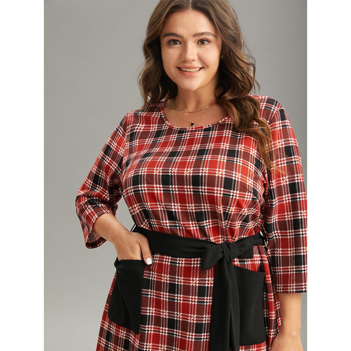 Plus Size Christmas Plaid Belted Patched Pocket Dress Crimson Women Office Belted Round Neck Elbow-length sleeve Curvy Midi Dress BloomChic 30/6X Product Image