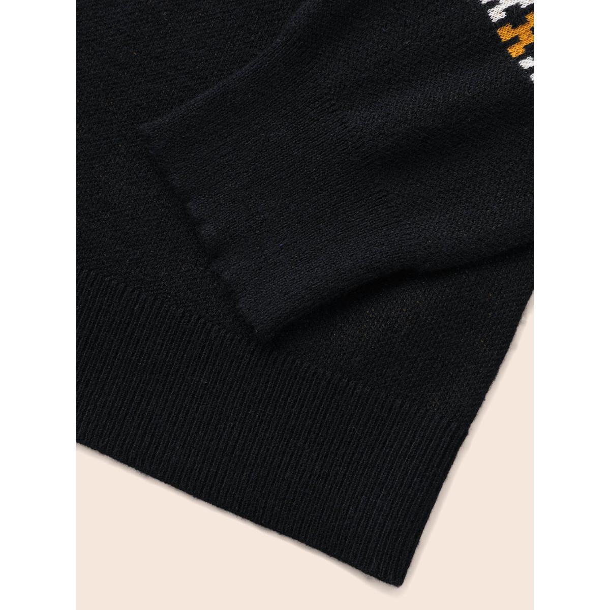Plus Size Cat Printed Jacquard Fair Isle Pullover Black Women Casual Long Sleeve Round Neck Everyday Pullovers BloomChic 26/4X Product Image