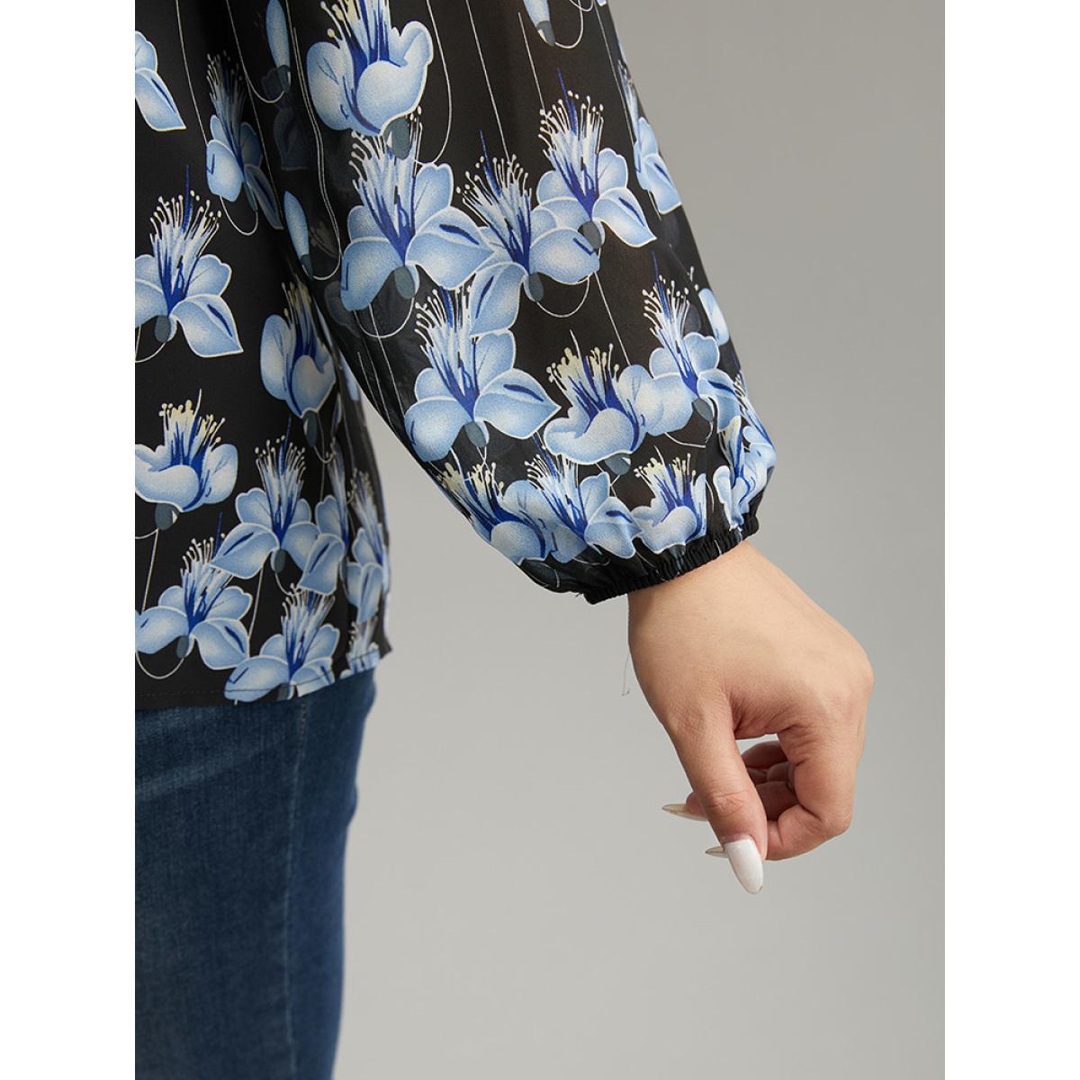 Plus Size BlackFlower Boho Print Lace Patchwork Mesh Button Up Blouse Women Elegant Long Sleeve V-neck Dailywear Blouses BloomChic 28/5X Product Image