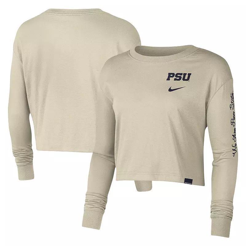 Women's Nike Cream Penn State Nittany Lions Varsity Letter Long Sleeve Crop Top, Size: 2XL, Beige Product Image