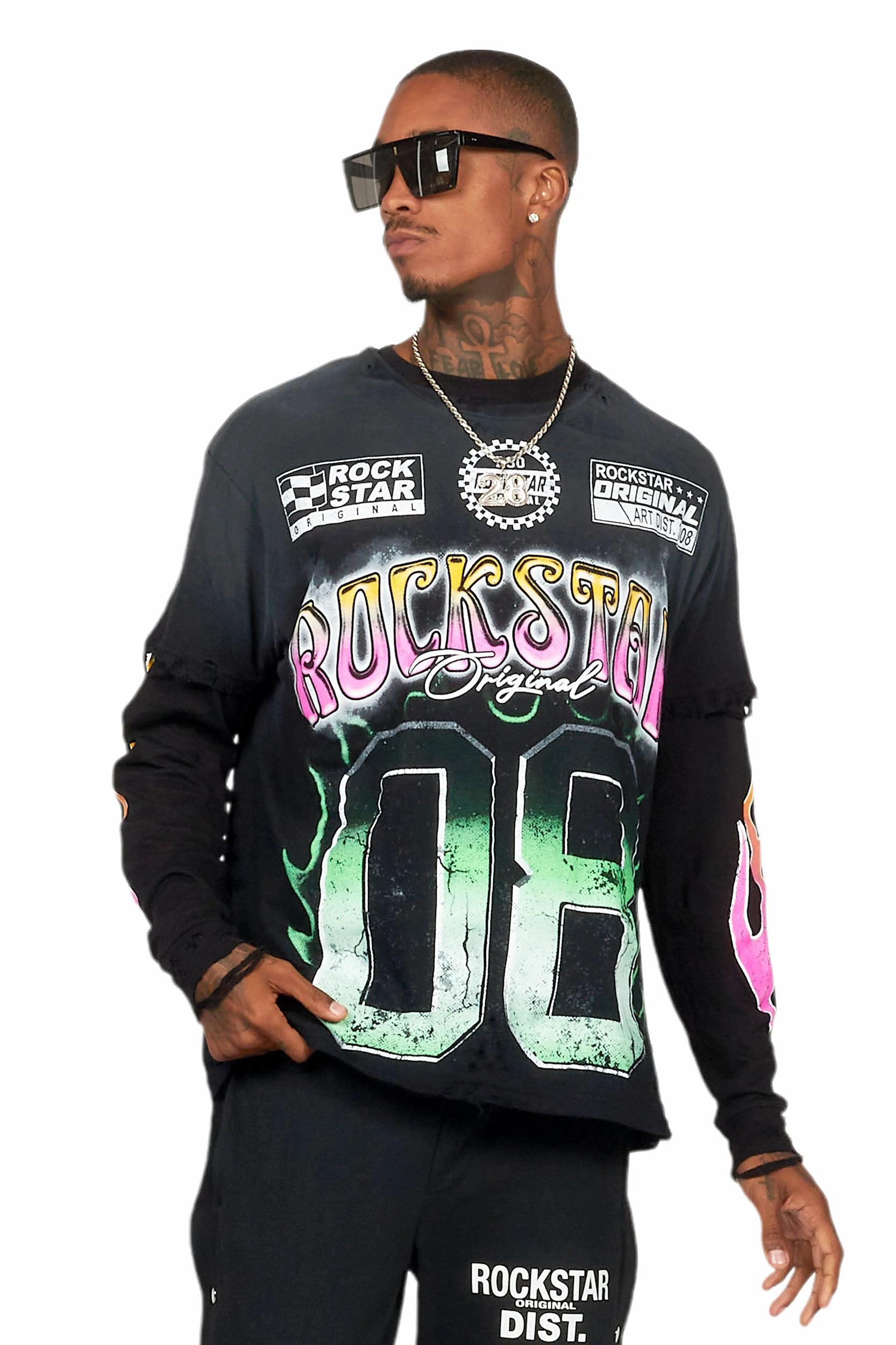 Quito Black Double Layer Graphic T-Shirt Male Product Image
