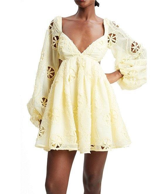 Bardot Jovie Embroidered V Neck Long Sleeve Cutout Babydoll A-Line Mini Dress Product Image