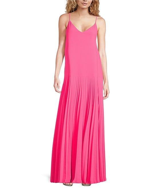 Trina Turk Georgette V-Neck Sleeveless Pleated Maxi Dress Product Image