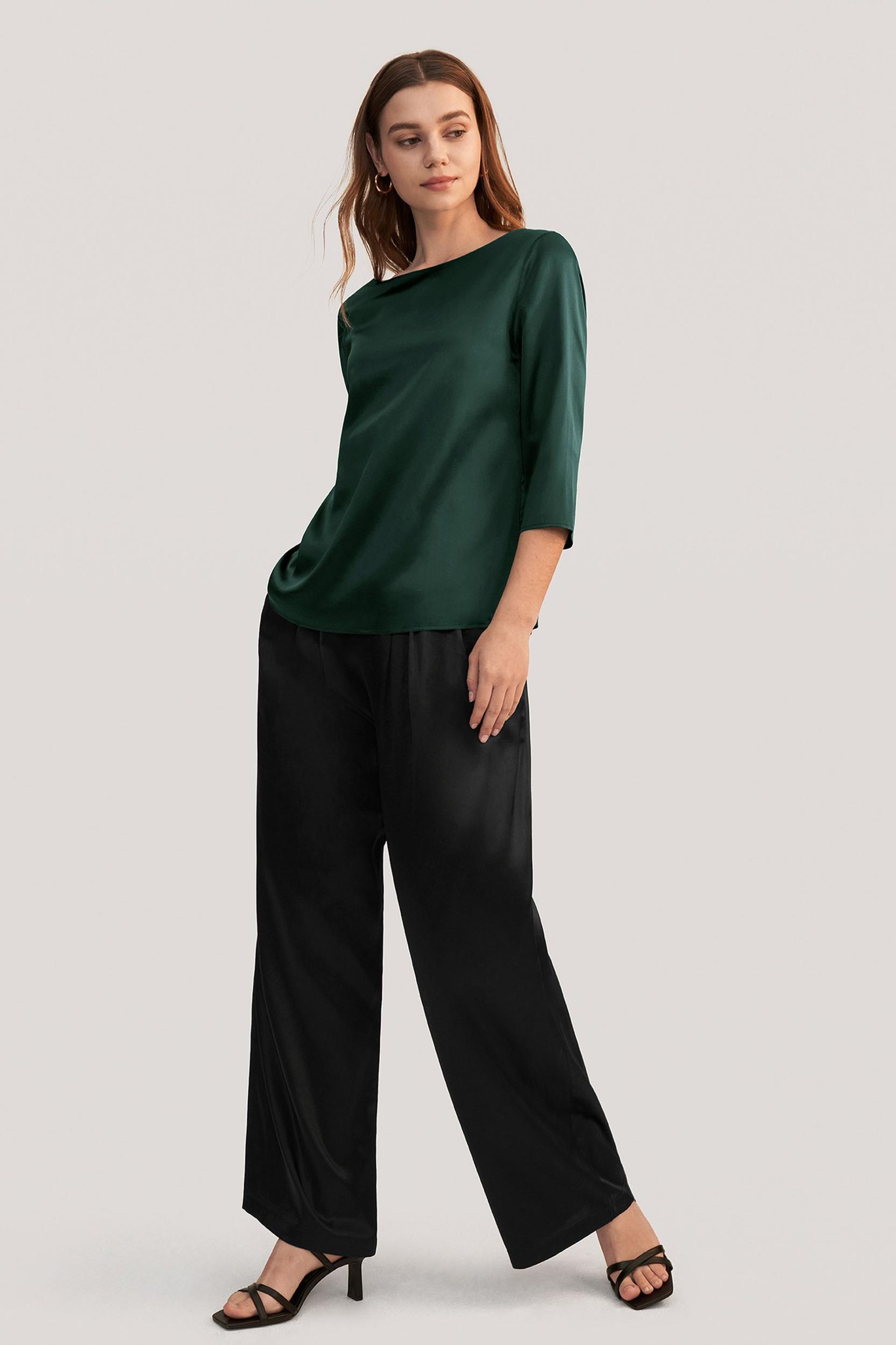 3/4 Sleeve Boat Neck Silk Blouse Product Image