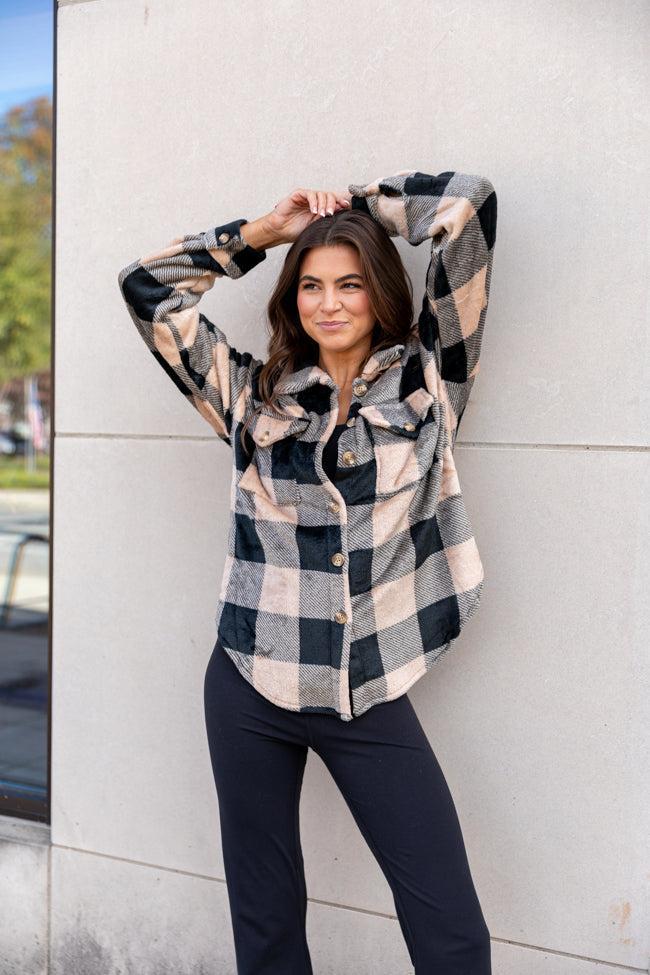 Wind Down Black and Tan Fleece Plaid Shacket FINAL SALE Product Image
