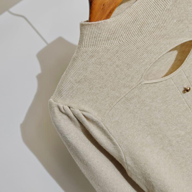 Long Sleeve Mock Neck Cut Out Button Up Knitted Top Product Image