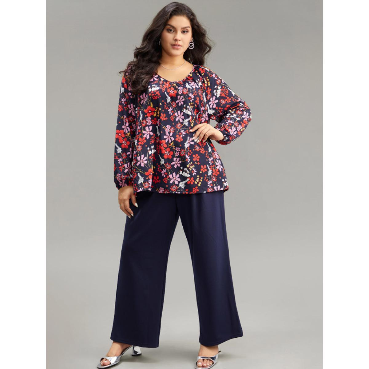 Plus Size Multicolor Floral Print Gathered Lantern Sleeve Blouse Women Elegant Long Sleeve V-neck Dailywear Blouses BloomChic 26/4X Product Image