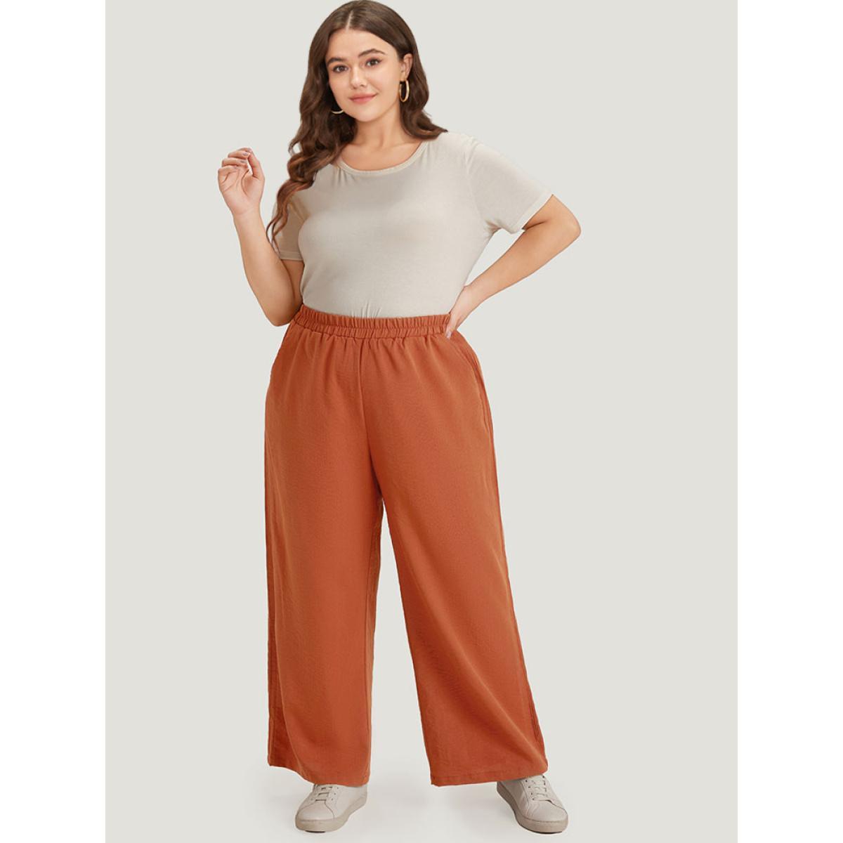 Plus Size Plain Plicated Detail Pocket Elastic Waist Wide leg Pants Women Chocolate Casual Straight Leg High Rise Dailywear Pants BloomChic 28/5X Product Image