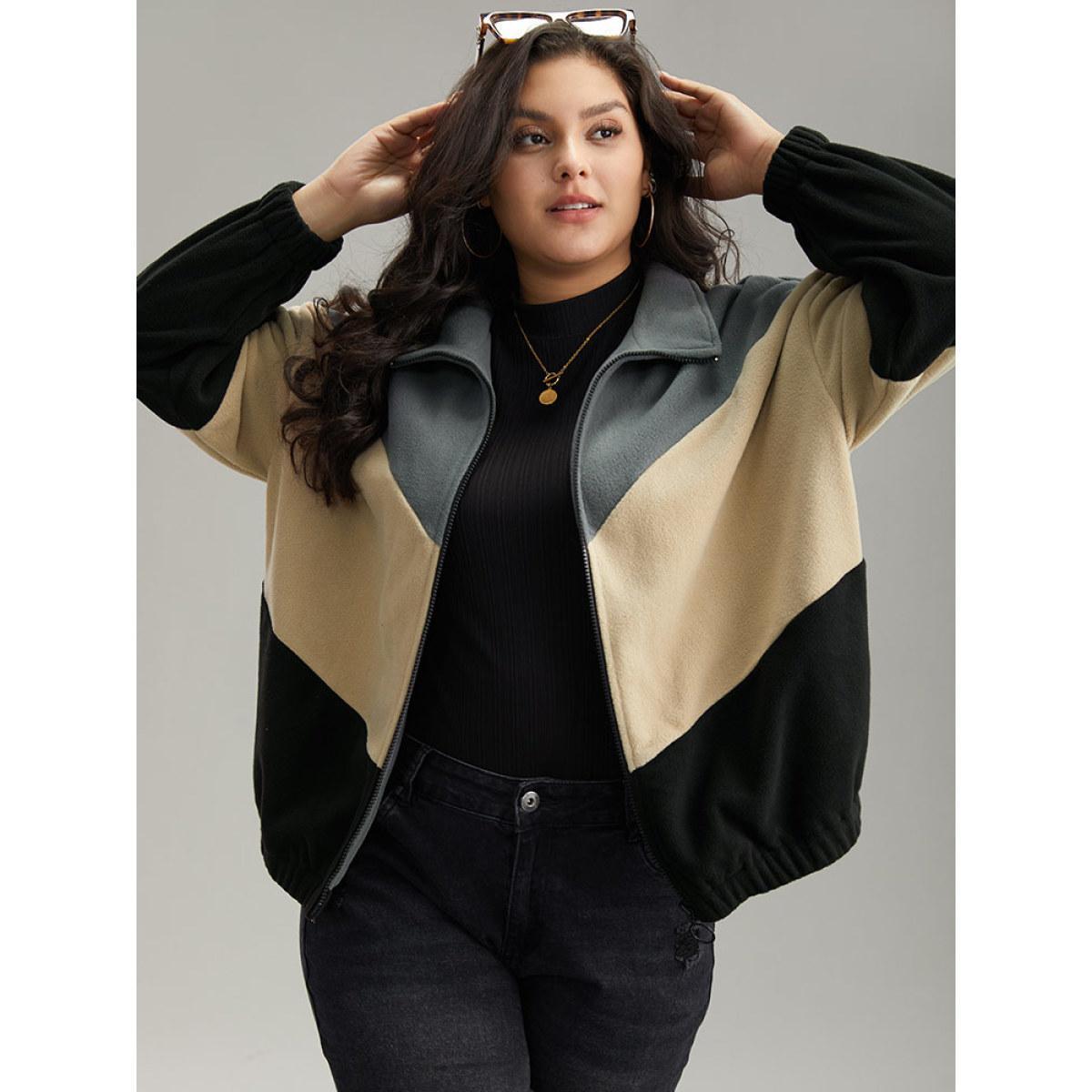 Plus Size Colorblock Contrast Zipper Drop Shoulder Jacket Women Gray Elastic cuffs Dailywear Jackets BloomChic 14-16/1X Product Image