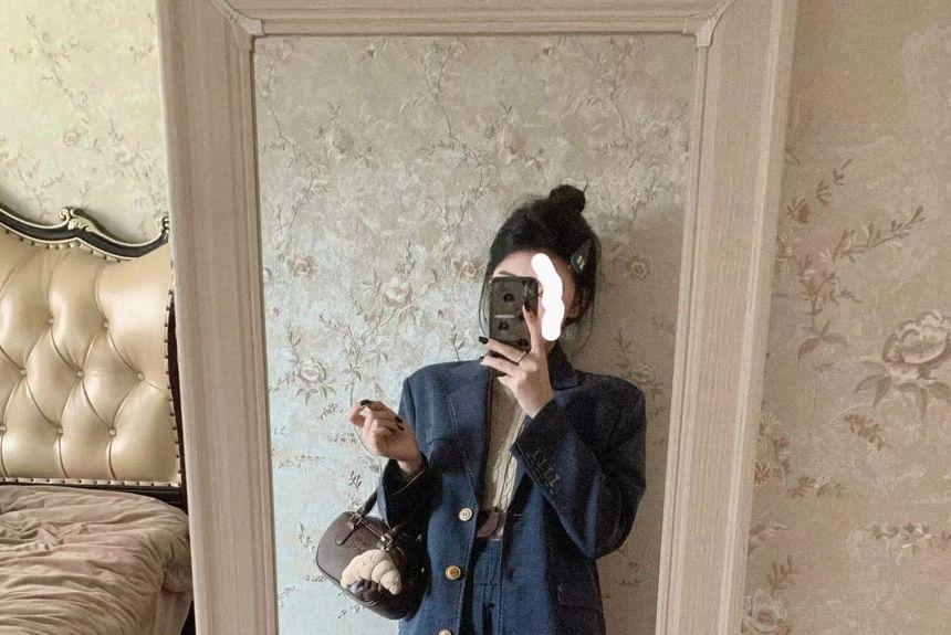 Short-Sleeve Round Neck Plain Cable Knit  Top / Single-Breasted Blazer / High Waist Pleated Mini A-Line Skirt / Set Product Image