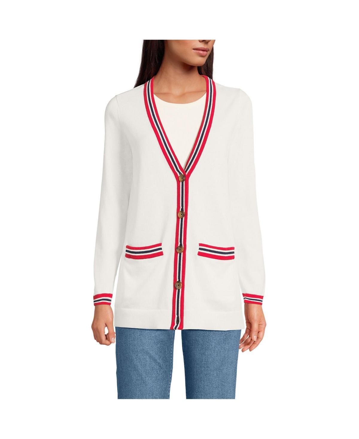 Women's Lands' End Cotton V-Neck Cardigan Sweater, Size: Large, Red Blue Tip Stripe Product Image