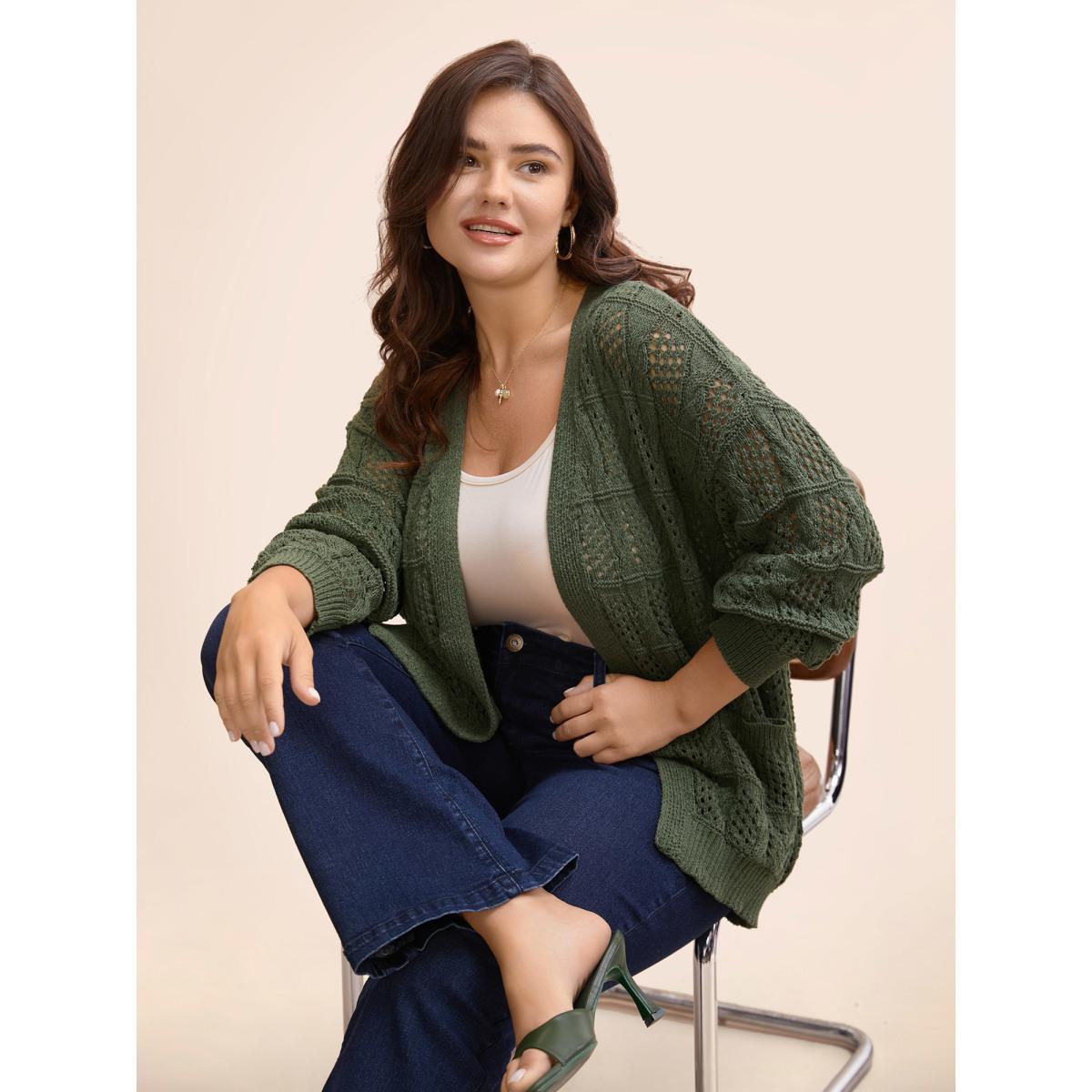 Plus Size Textured Cable Knit Pocket Cardigan Moss Women Casual Loose Long Sleeve Everyday Cardigans BloomChic 28/5X Product Image