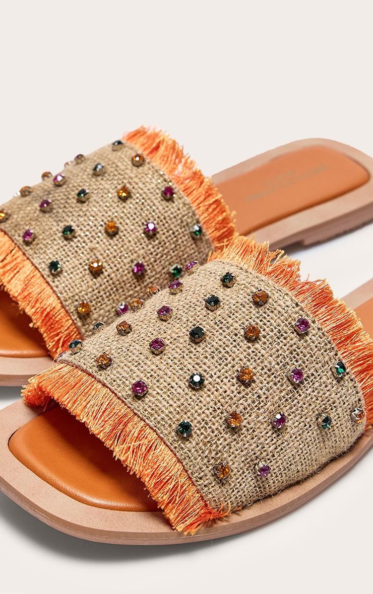 Orange Wide Fit Round Toe Raffia Fringed Diamante Woven Flat Mule Sandals Product Image