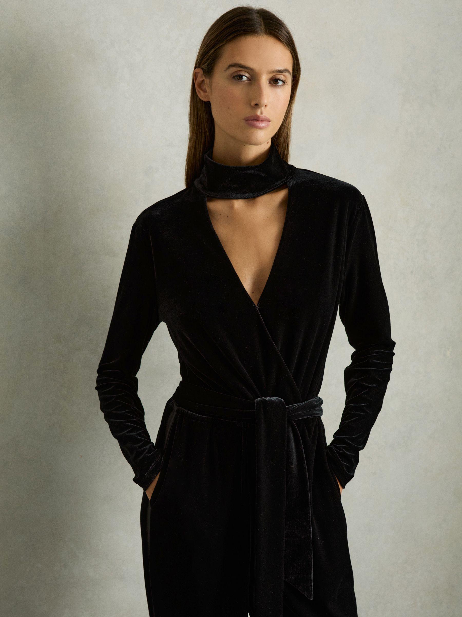 Velvet Belted Wide Leg Jumpsuit in Black Product Image